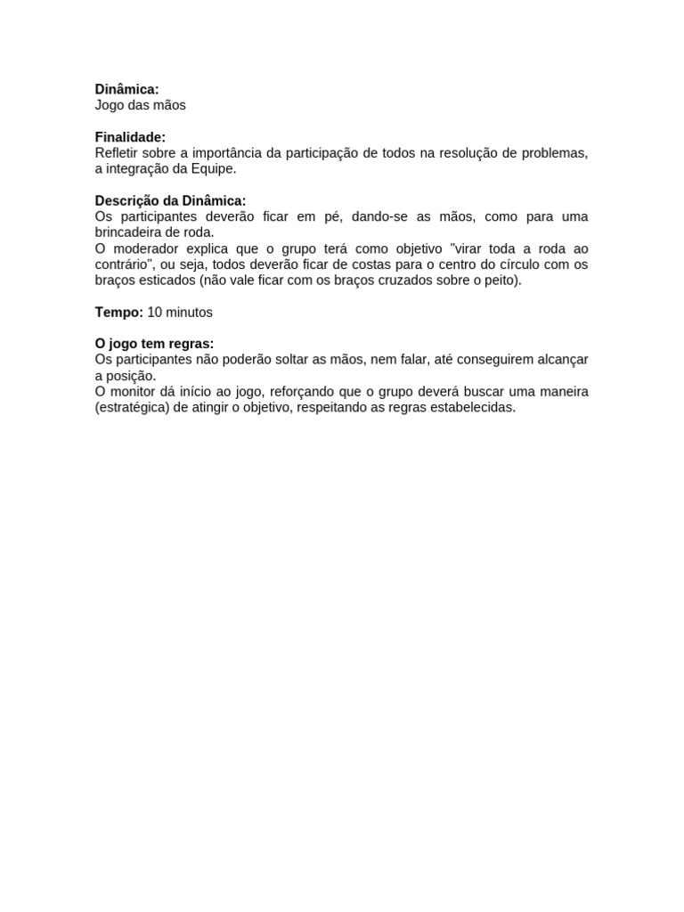 Dinamica Jogo Das Maos Pdf Carreira E Crescimento