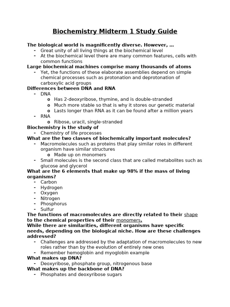 Biochemistry Midterm Study Guide | PDF | Dna | Nucleic Acids