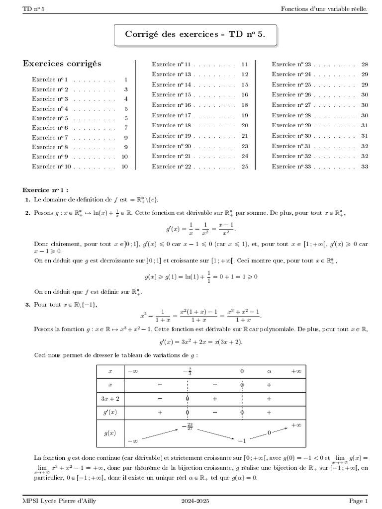 Corrigé TD 5 : Fonctions réelles | PDF | Limite (mathématiques ...