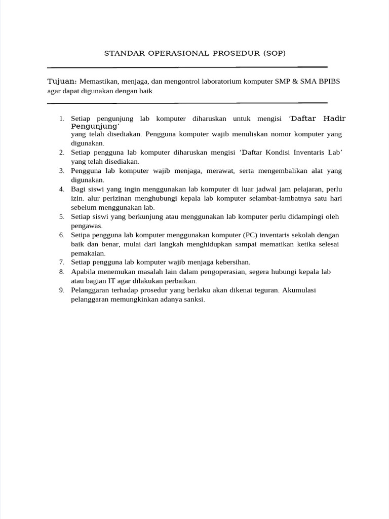 SOP Penggunaan Lab Komputer SMP SMA BPIBS | PDF