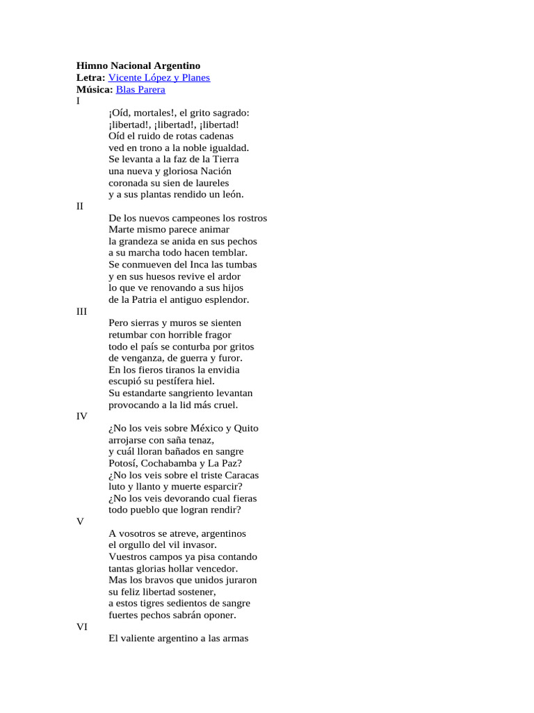 Himno Nacional Argentino: Letra y Significado | PDF | Canciones ...
