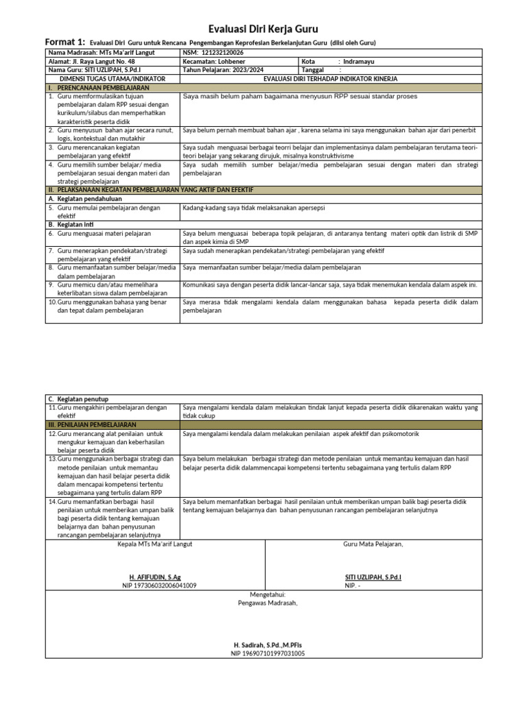 Evaluasi Diri Guru MTs Ma’arif Langut | PDF | Karier & Perkembangan ...
