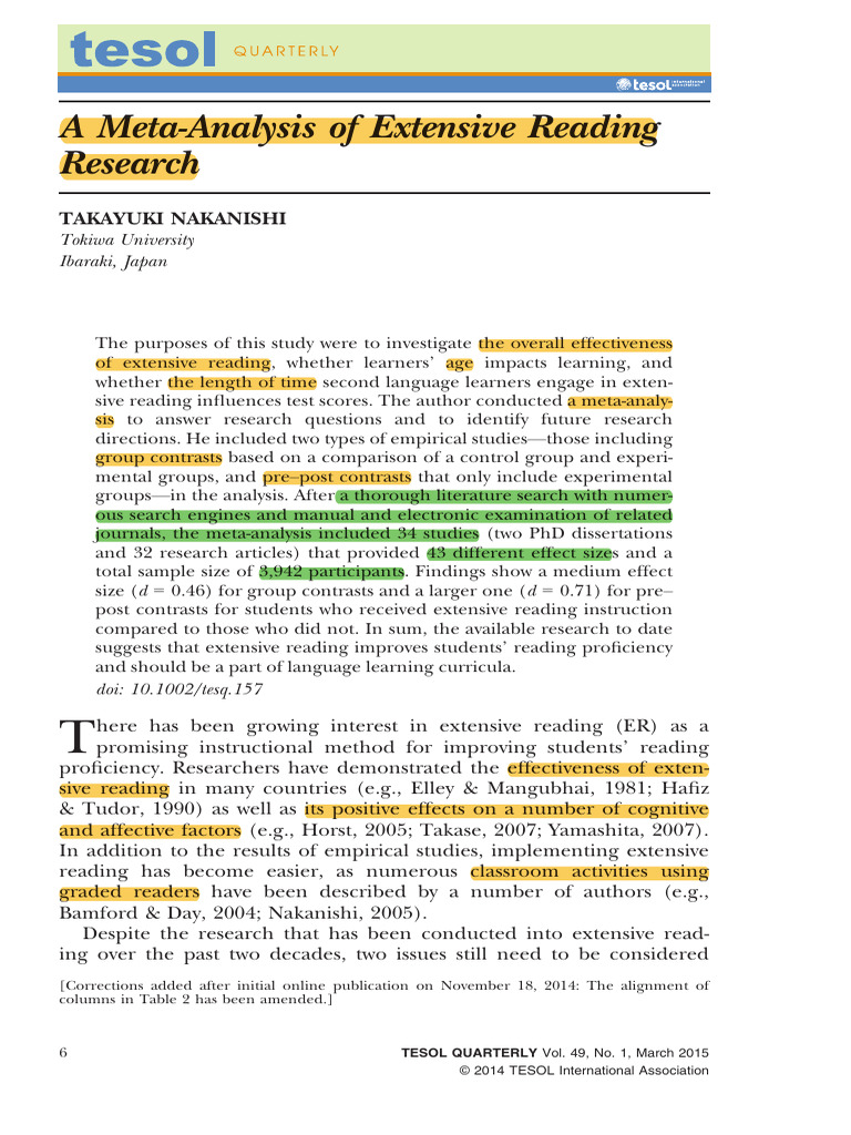 TESOL Quarterly - 2014 - Nakanishi - A Meta Analysis of Extensive ...