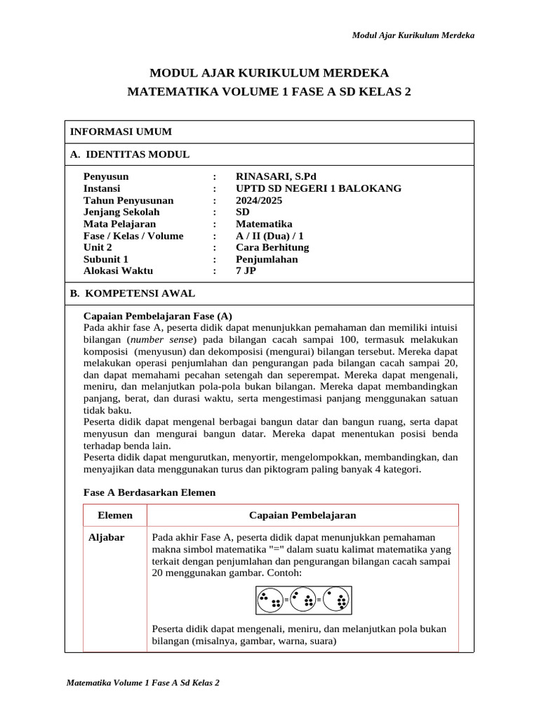 Modul Ajar Matematika SD Kelas 2 Fase A | PDF | Karier & Perkembangan