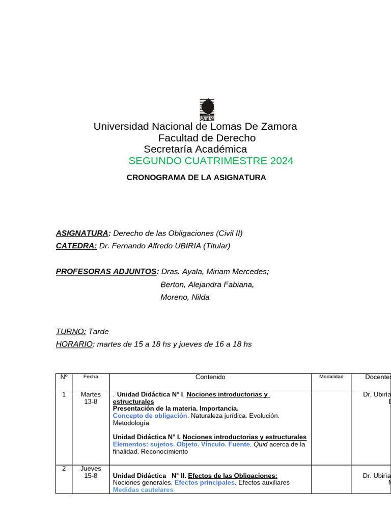 Cronograma Derecho de Obligaciones 2024 | PDF