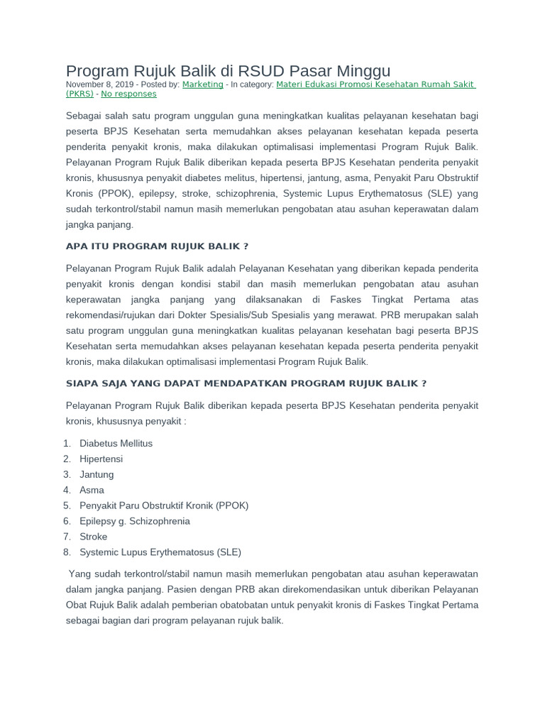 Program Rujuk Balik RSUD Pasar Minggu | PDF