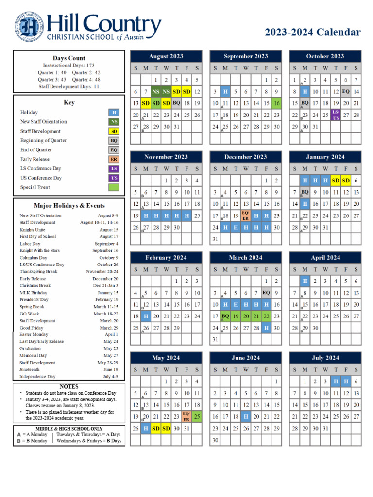 23 24 Academic Calendar With A B Days | PDF