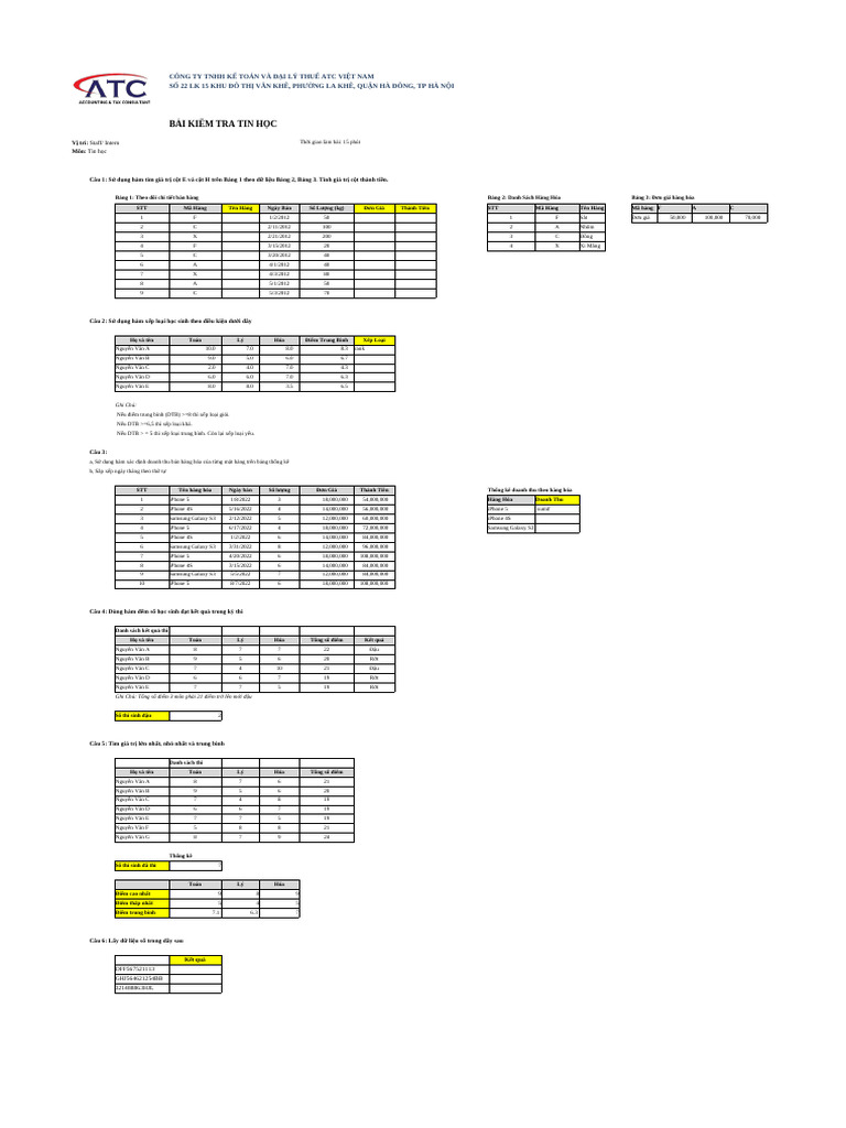 Lê Thị Nga Atc Test Excel No1 | PDF