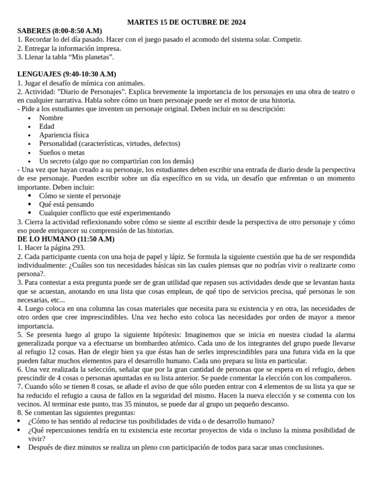 Actividades educativas del 15 de octubre | PDF