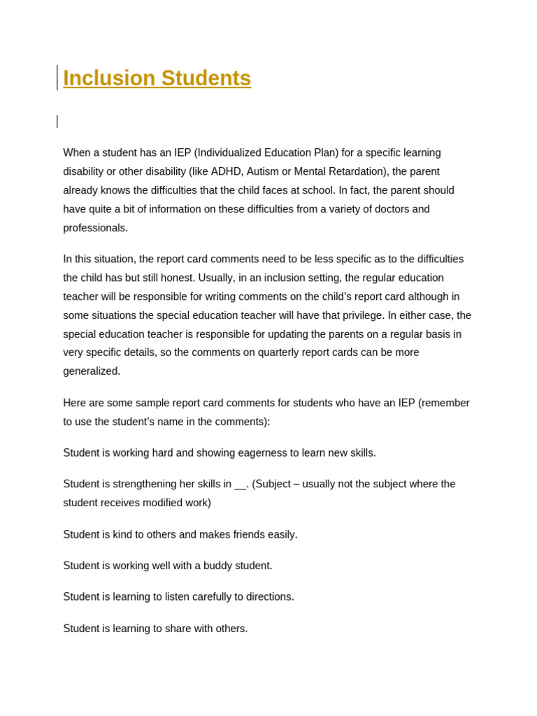 Report Card Comments for Special Needs | PDF | Individualized Education ...