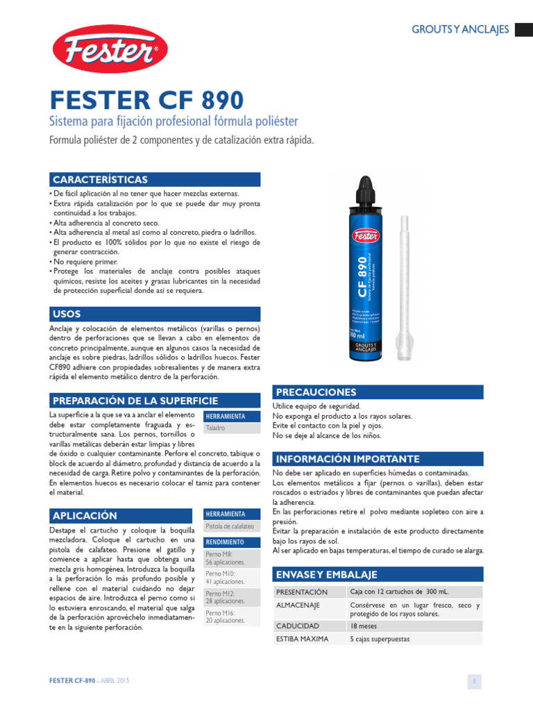 Anclaje Químico Fester CF 890 | PDF | Hormigón | Perforación