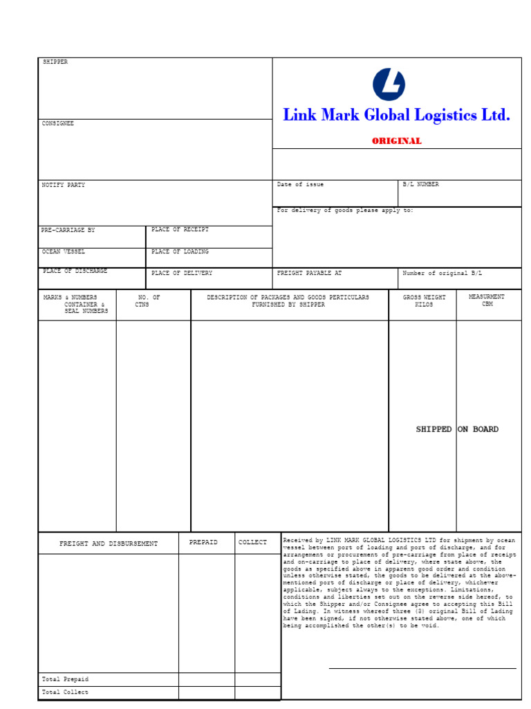 Link Mark Global Logistics LTD.: Ocean/Combined Transport Bill of ...