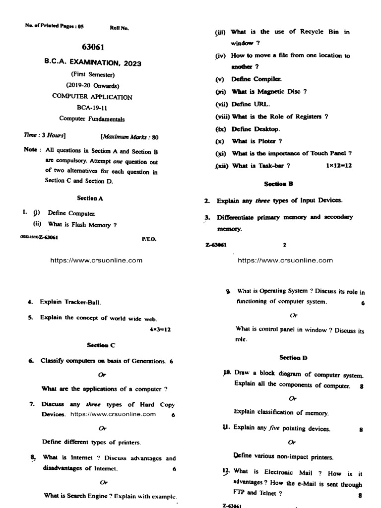 Bca 1 Sem CA Computer Fundamentals 63061 2023 | PDF
