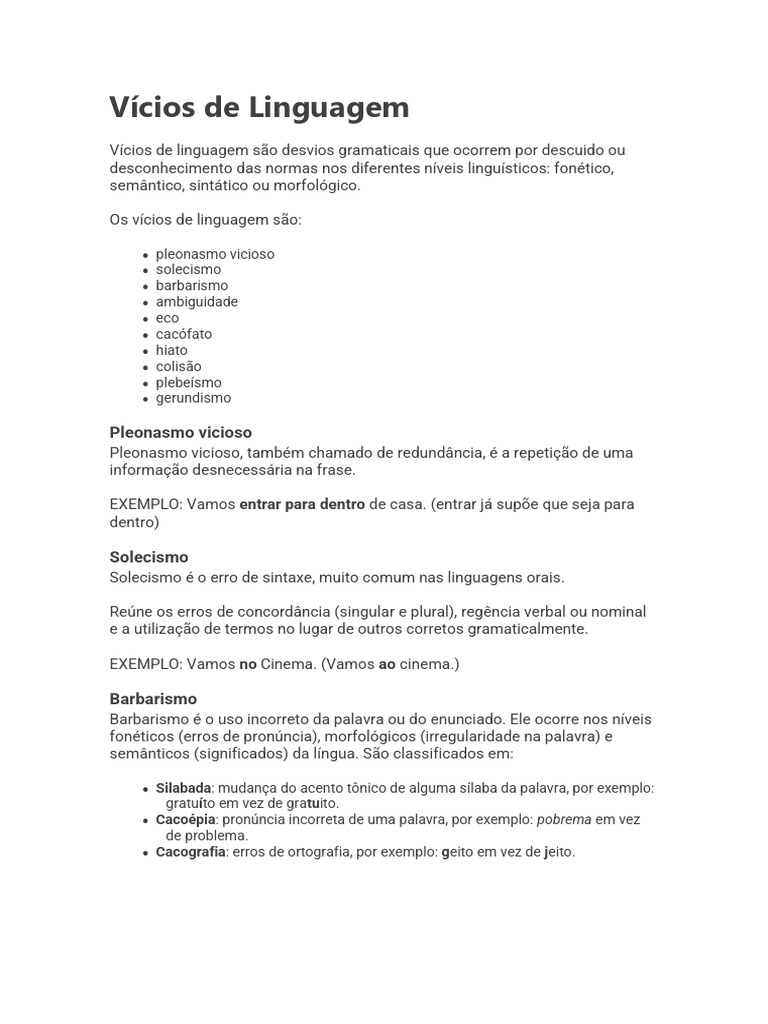 Vícios de Linguagem: Definições e Exemplos | PDF | Linguística ...