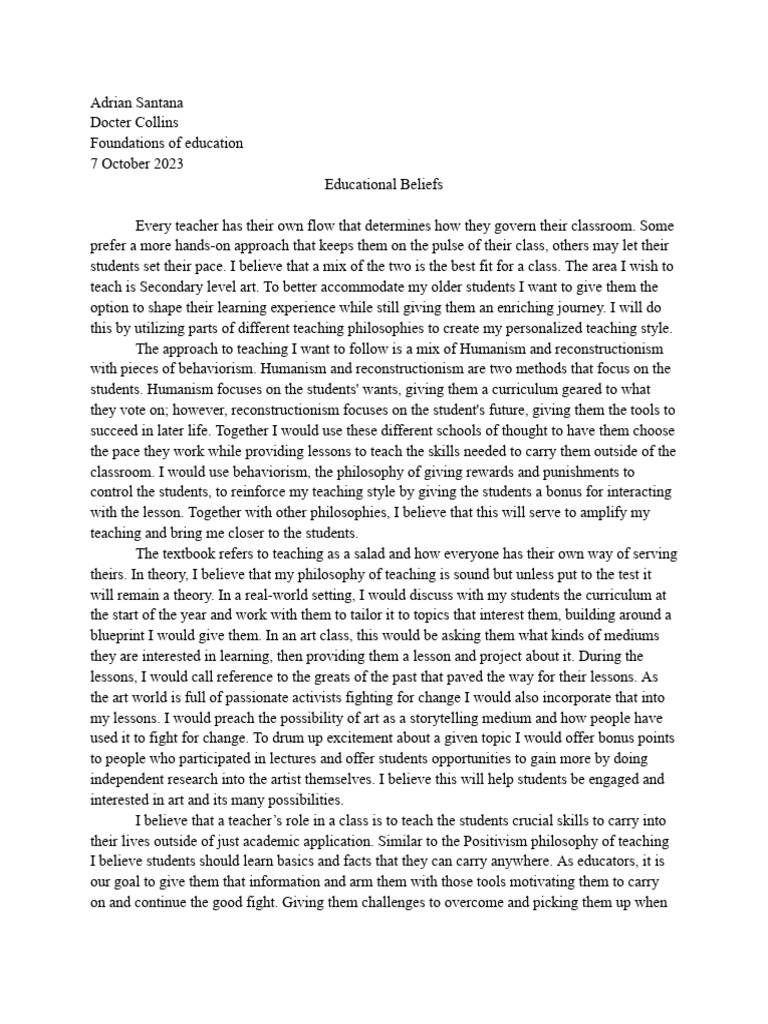 Educational Beliefs PDF Teachers Philosophy Of Education