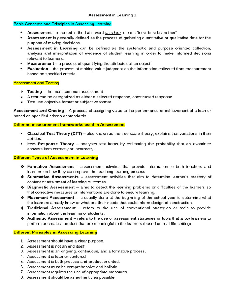 Assessment in Learning 1 Reviewer | PDF | Educational Assessment ...