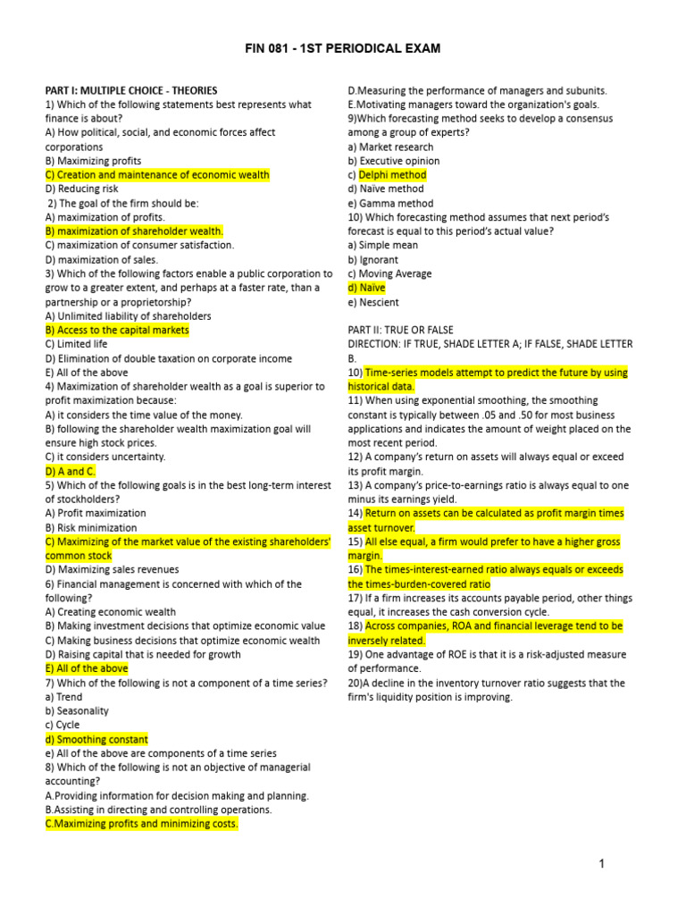 FIN 081 Periodical Exam Overview | PDF | Equity (Finance) | Revenue