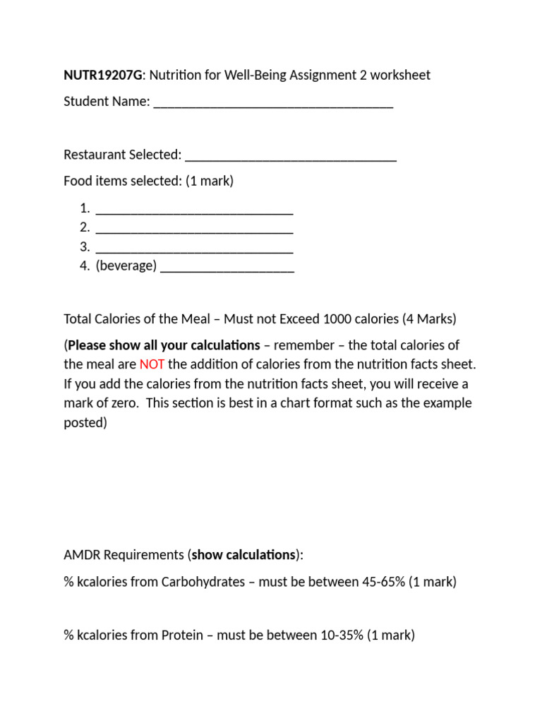 Nutrition Assignment 2 Worksheet Guide | PDF