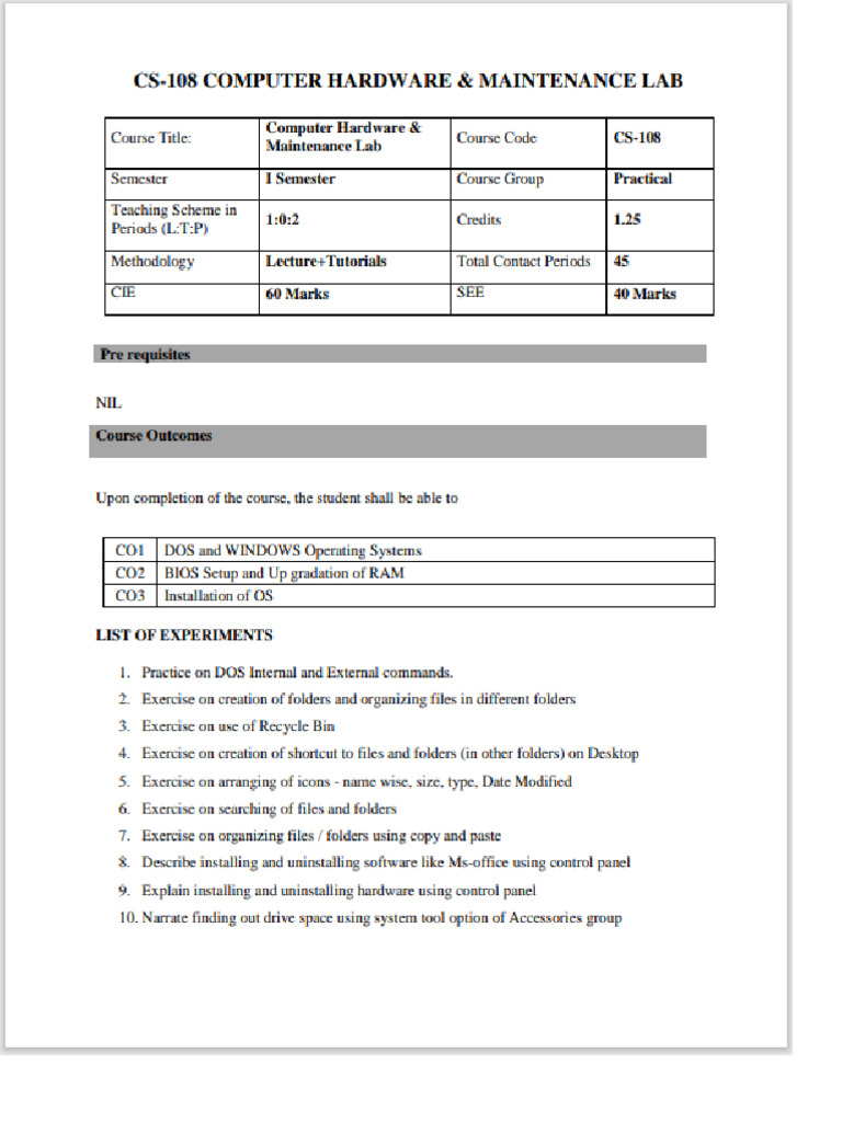 CS-108 CHM Lab Syllabus | PDF