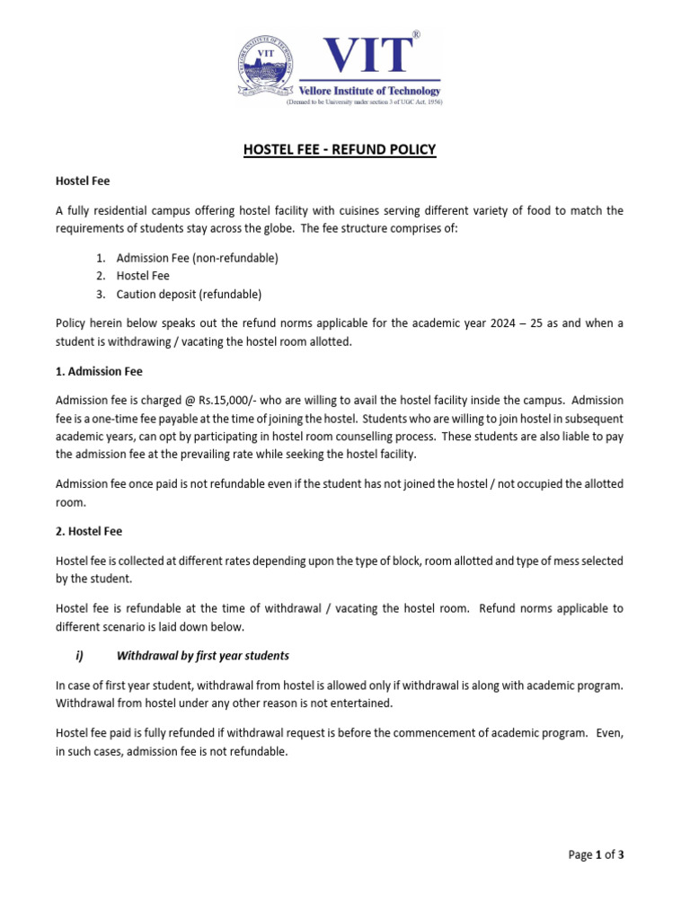 Hostel Fee Refund Policy - 24 25 | PDF | Fee | Money