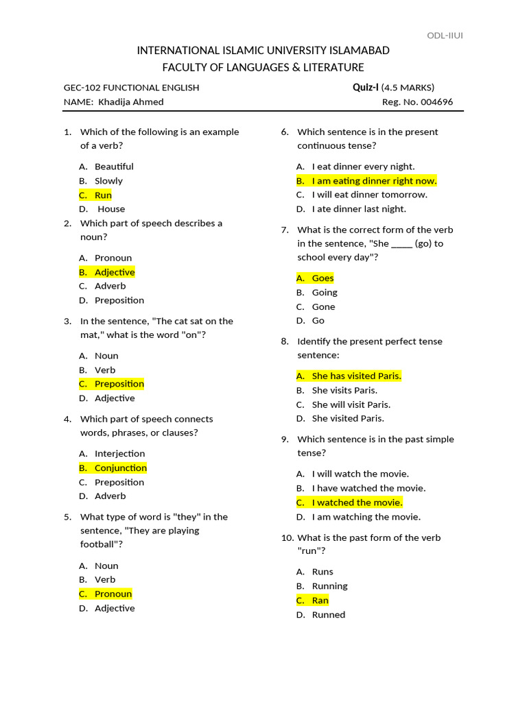 Functional English Quiz for GEC-102 | PDF | Part Of Speech | Verb