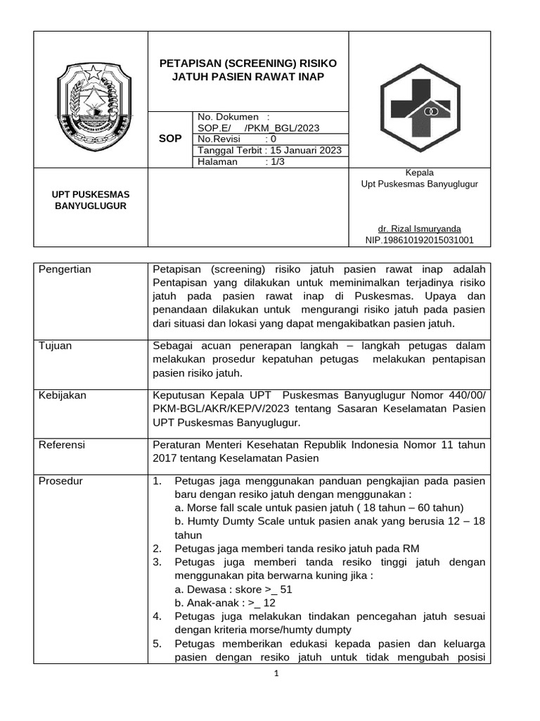 5.3.6.a SOP PETAPISAN RISIKO JATUH RANAP | PDF