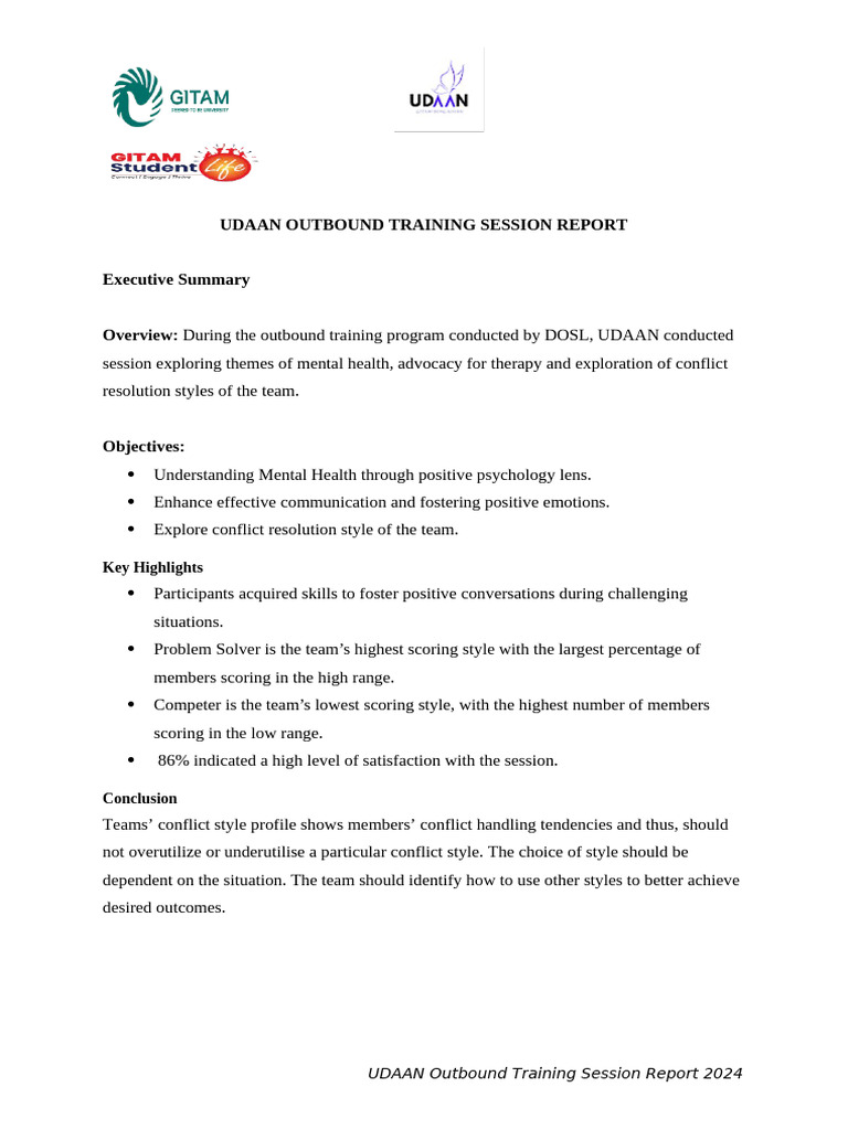 Udaan Outbound Training Session Report | PDF | Conflict Resolution ...