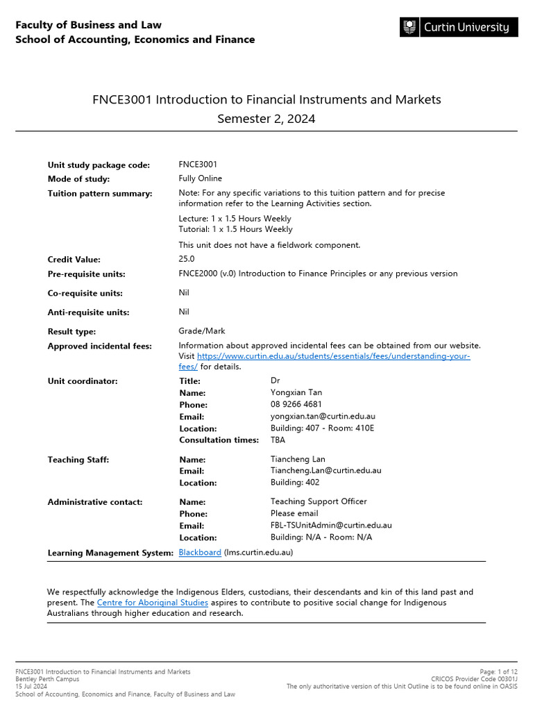 FNCE3001 Introduction To Financial Instruments and Markets Semester 2 ...
