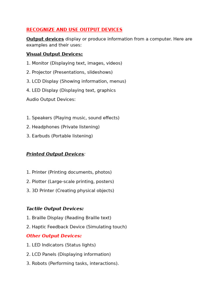Types and Uses of Output Devices | PDF | Games & Activities