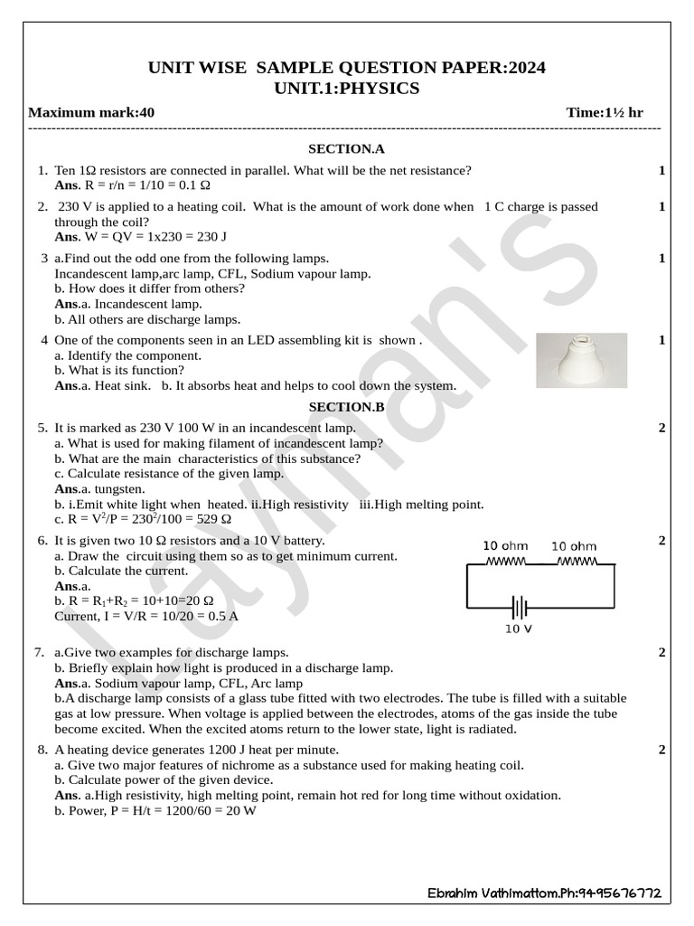 Sheniblog sslc physics unit wise sample question paper unit 01 2024