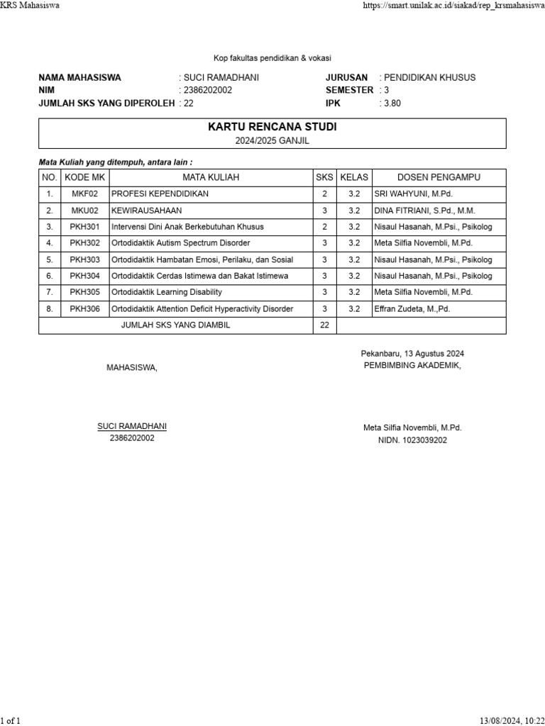 Kartu Rencana Studi Suci Ramadhani | PDF
