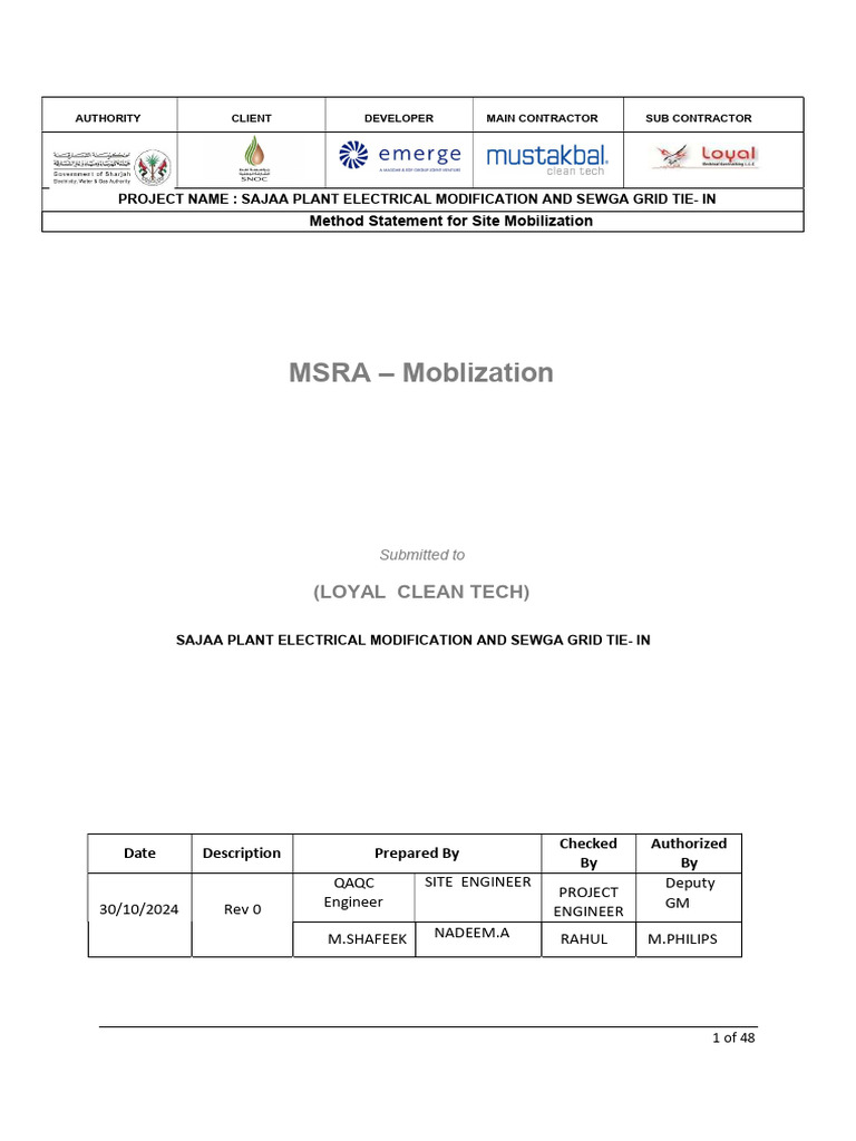 MSRA Method Statement for Mobilization | PDF | Risk | Hazards
