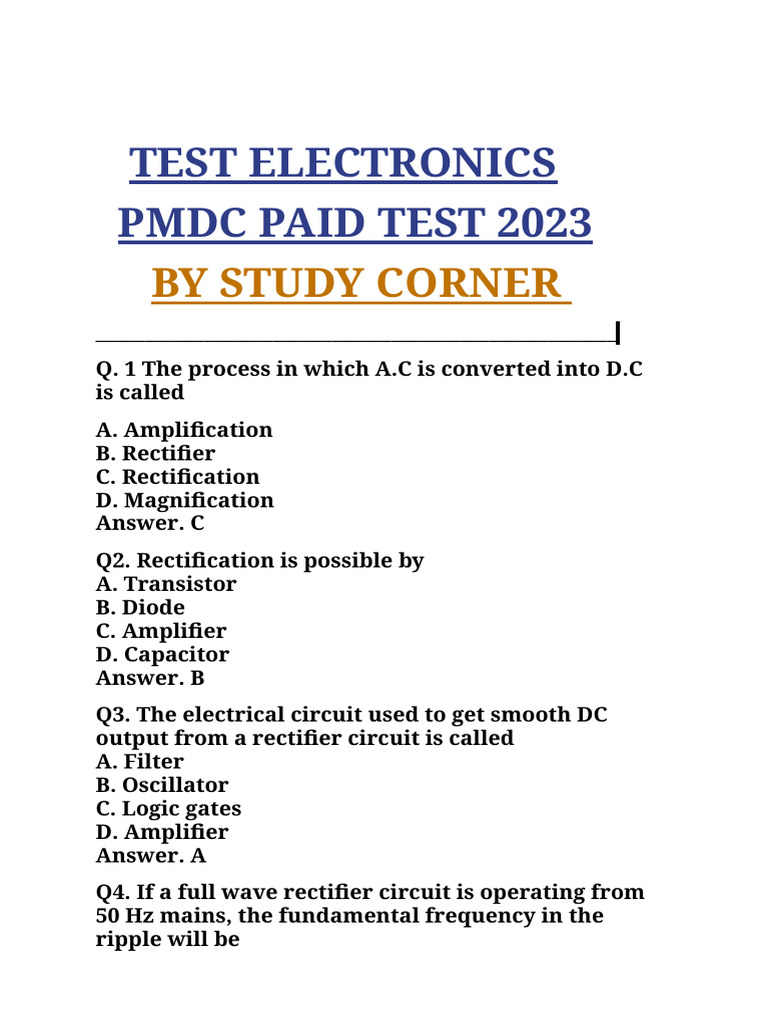 PMDC Paid Test Electronic Mcqs by STUDY CORNER | PDF | Rectifier ...