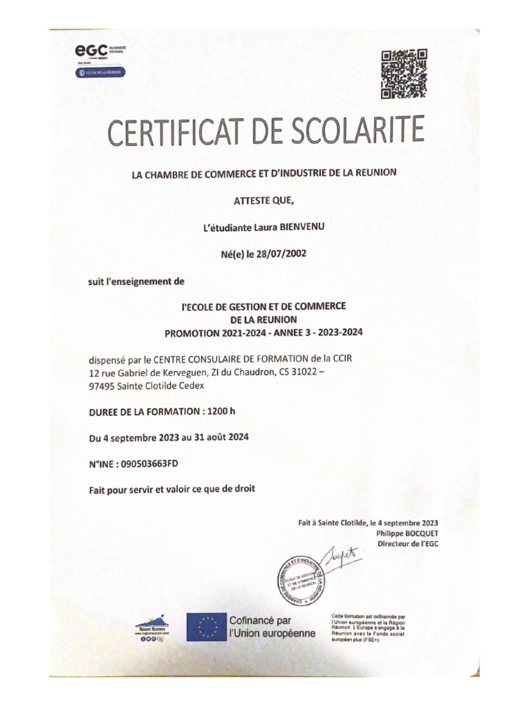 Certificat de Scolarite 2023:24 | PDF