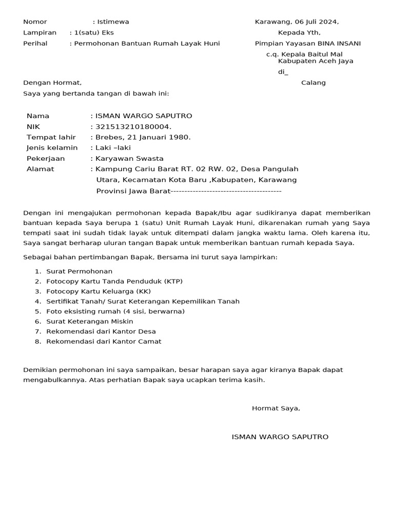 Format Surat Permohonan RTLH (Bangun Baru) 1 | PDF