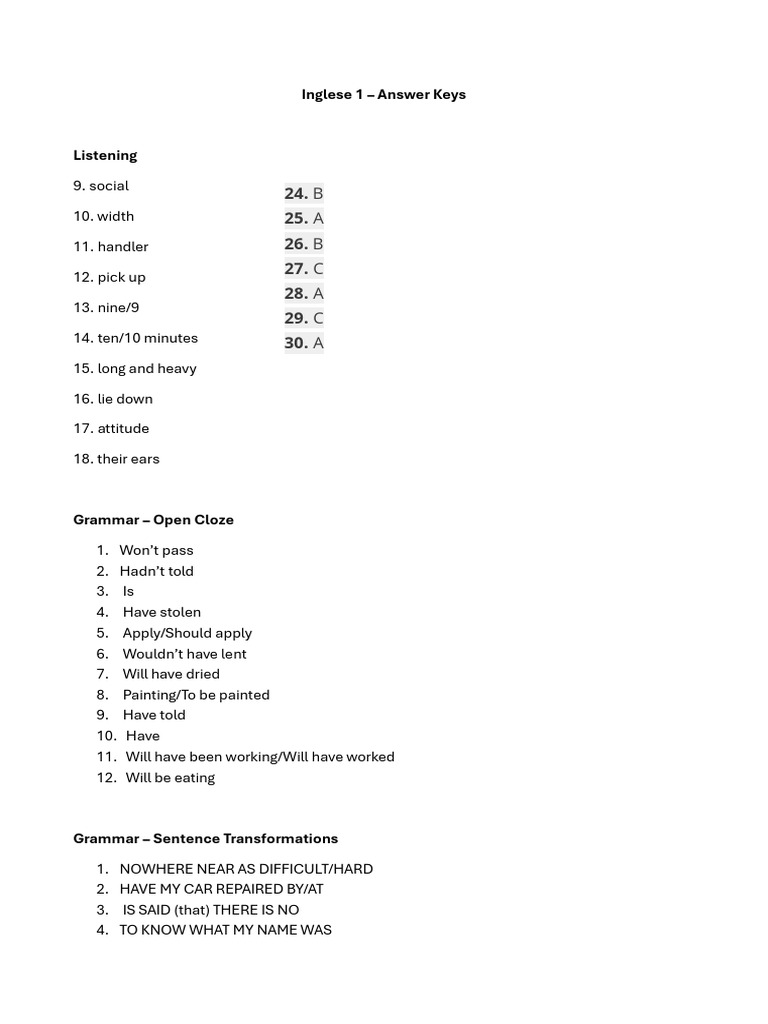 Inglese 1 Answer Keys and Exercises | PDF