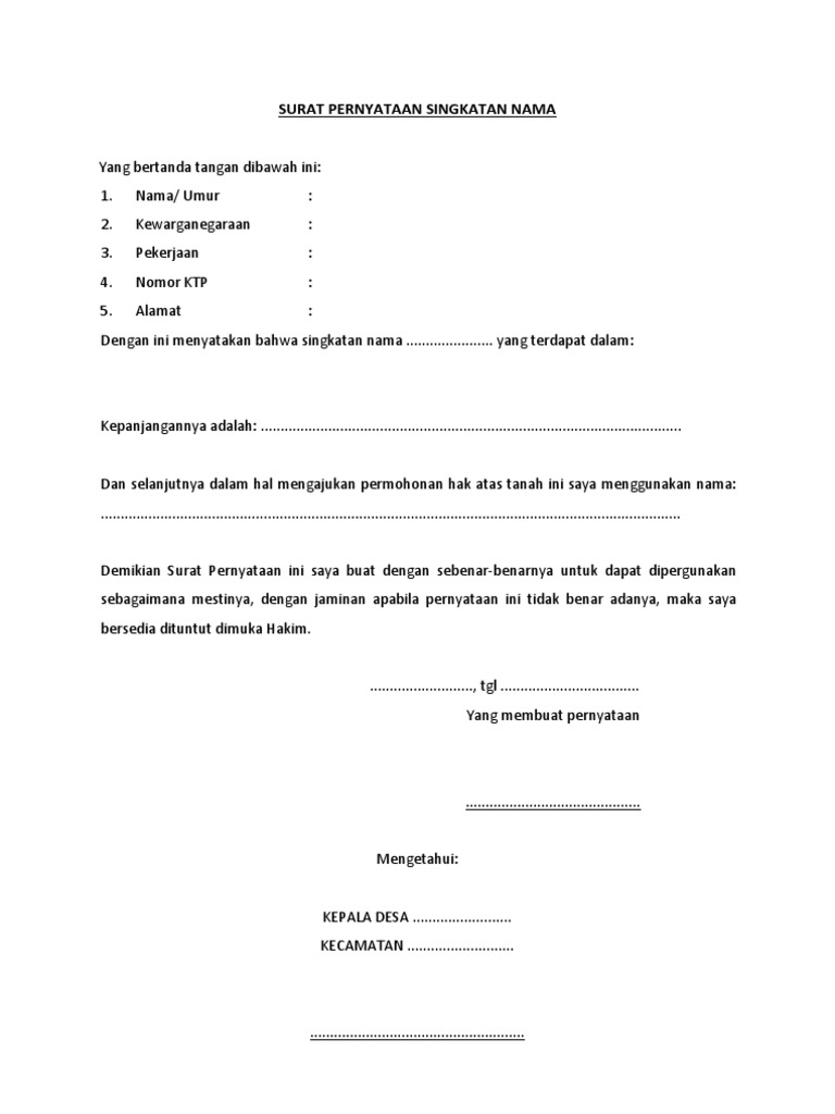 Surat Pernyataan Singkatan Nama