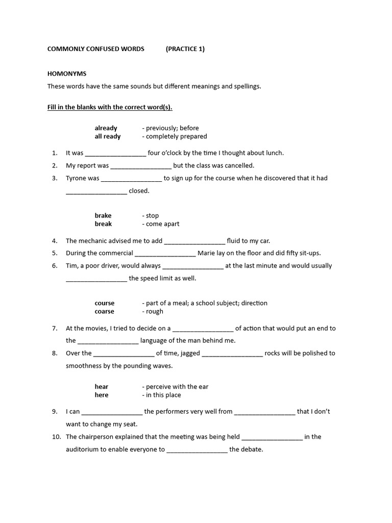 Commonly Confused Words Practice 1 Pdf