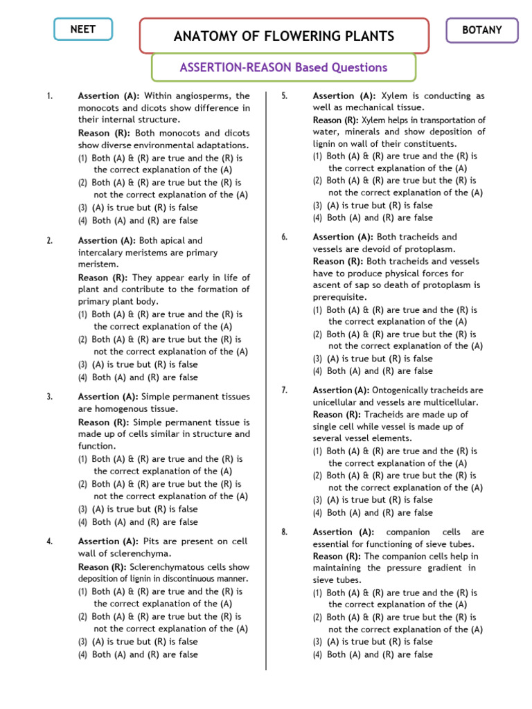 Assertion reason anatomy in flowering plants pdf plant stem organisms