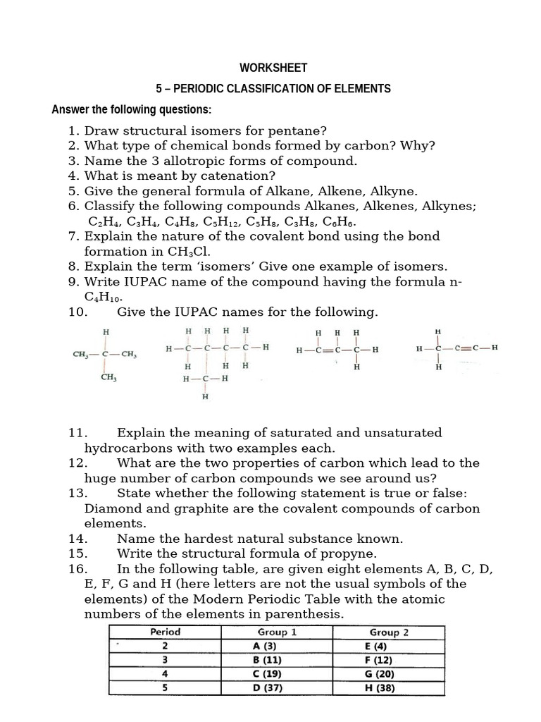 Periodic Classification Worksheet | PDF | Chemical Compounds | Alkene