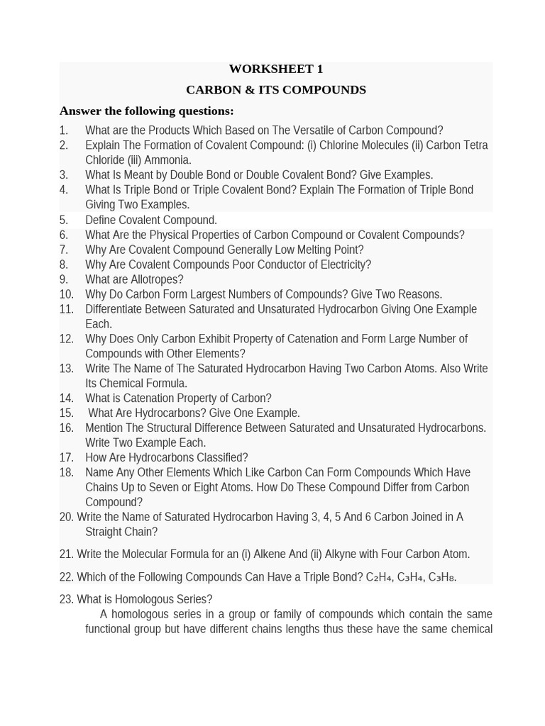 Worksheet 1 class 10 carbon pdf chemical compounds hydrocarbons