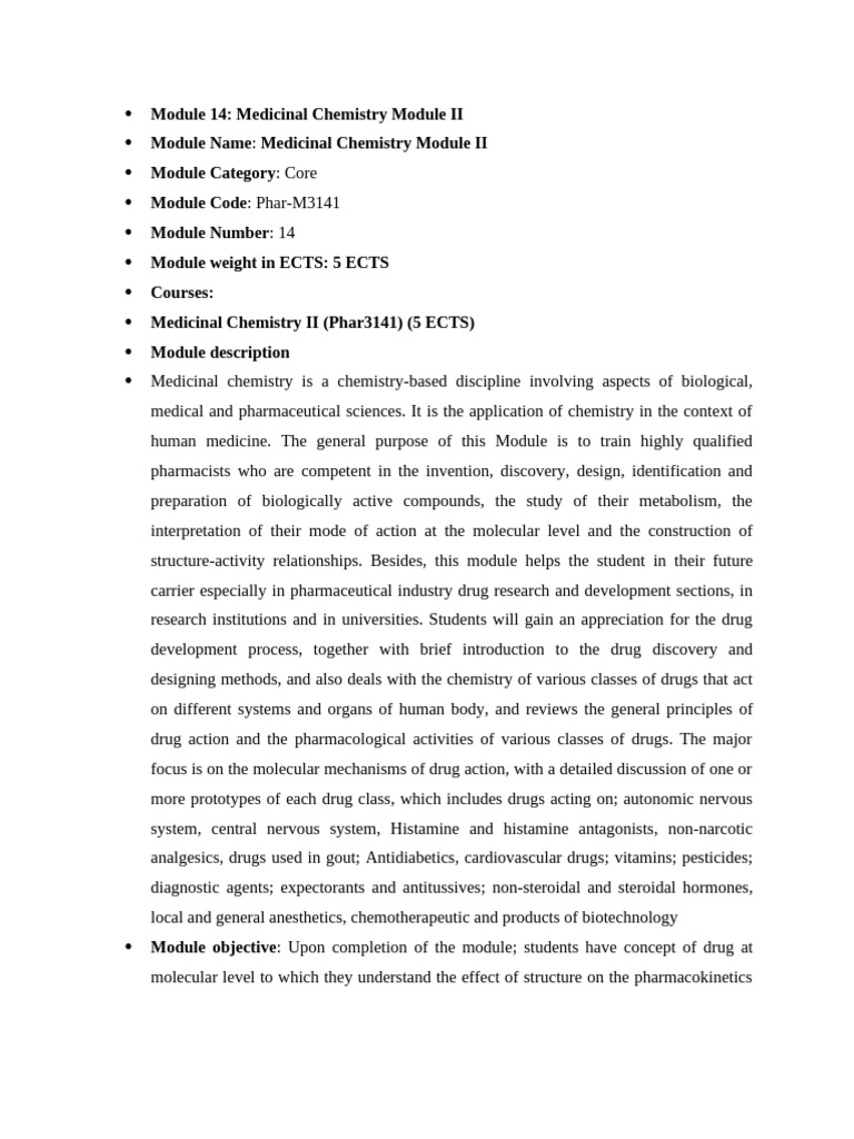 Medicinal chem-II Course Outline | PDF | Pharmacology | Medicinal Chemistry