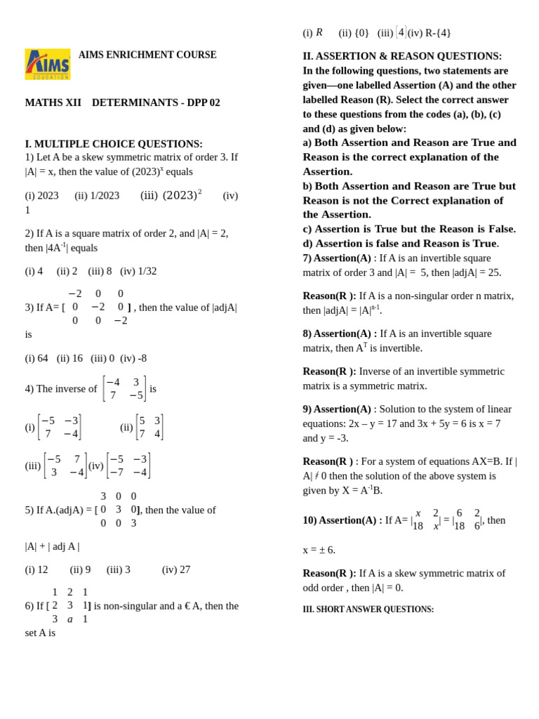 Maths XII Determinants DPP 02 Questions | PDF | Mathematical Analysis ...
