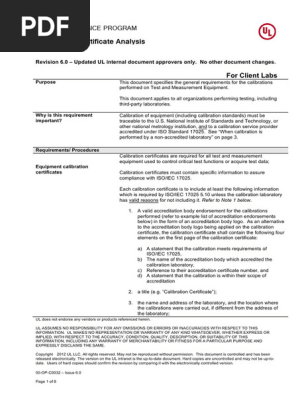UL calibration certificate analysis