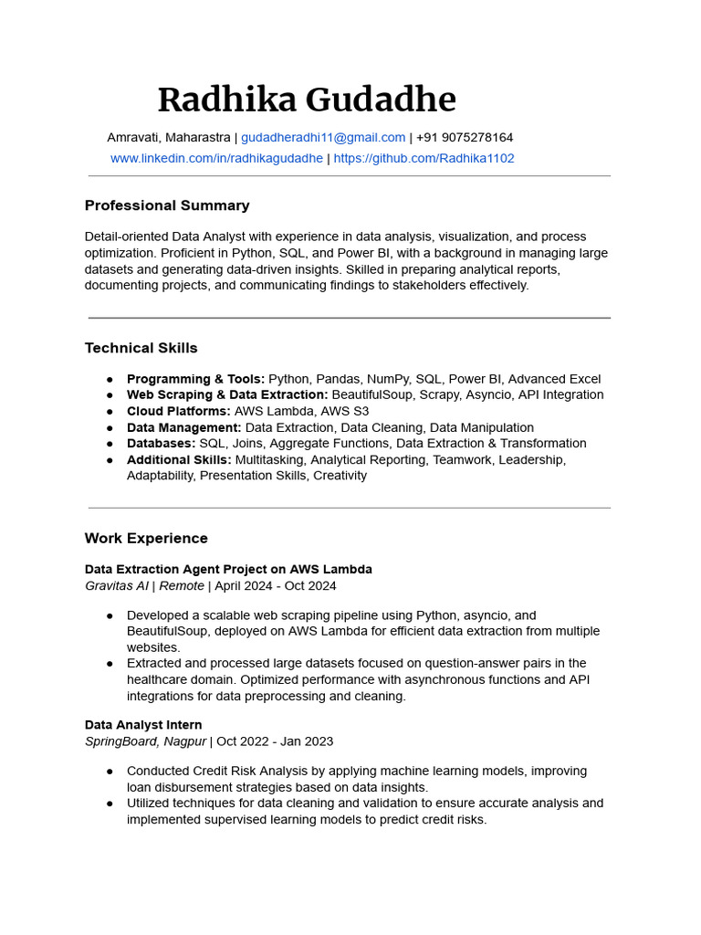 Data Analyst Profile: Radhika Gudadhe | PDF | Analytics | Data