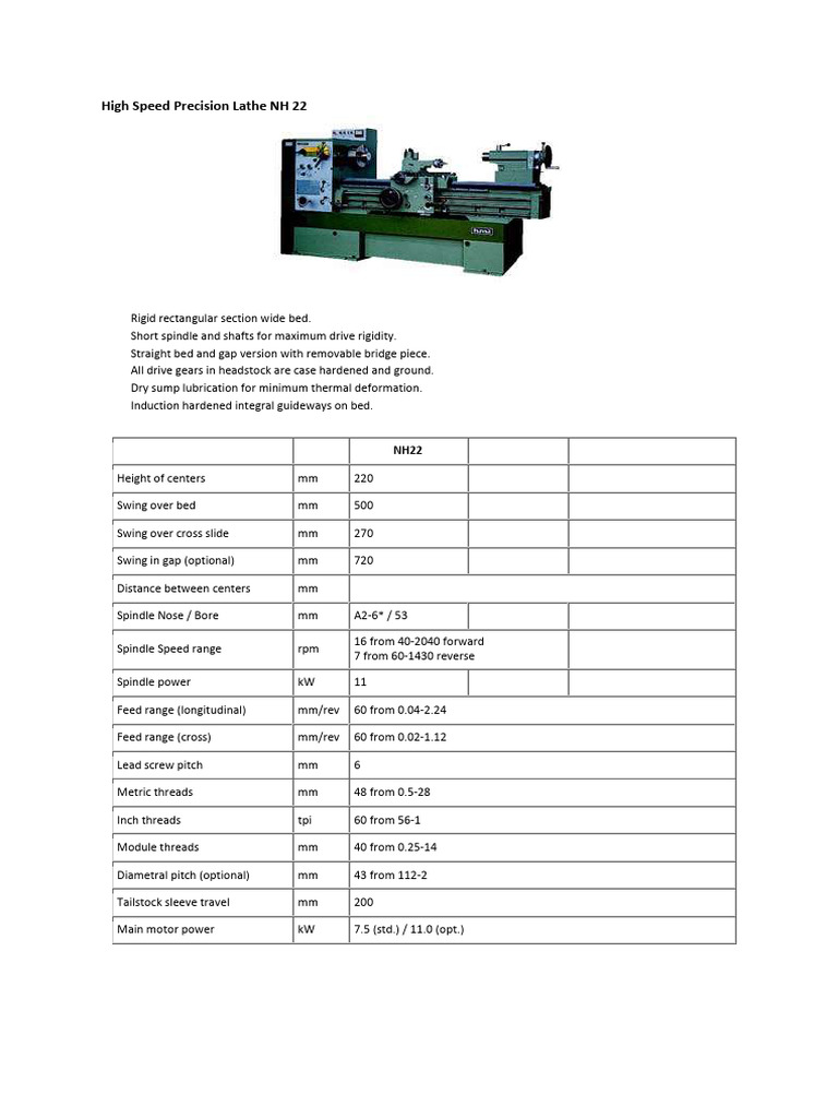 NH 22 High-Speed Precision Lathe | PDF