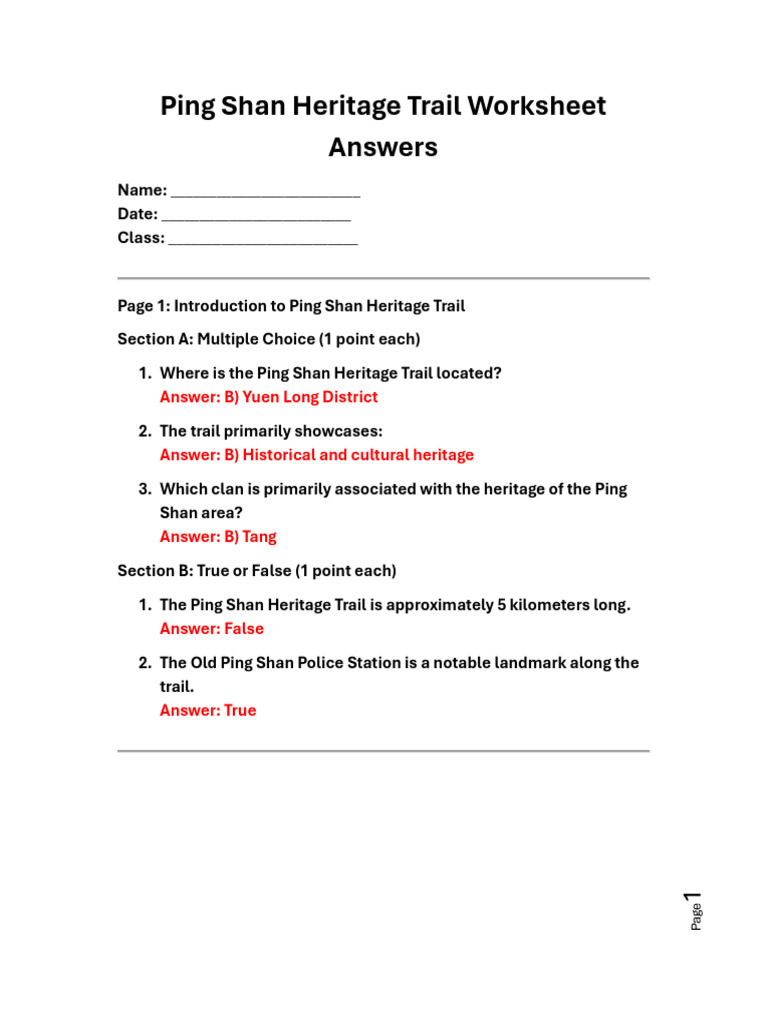 Ping Shan Heritage Trail Worksheet ANSWERS | PDF