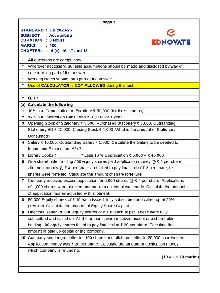 Accounting Test Paper 2023-25 | PDF | Expense | Balance Sheet