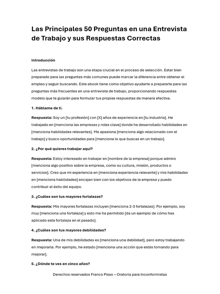 50 Preguntas Entrevista de Trabajo Respuestas Correctas | PDF ...