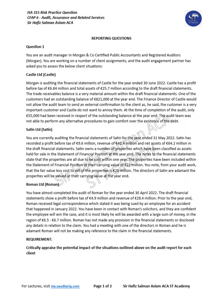 ISA 315 Audit Risk Assessment Cases | PDF | Audit | Financial Statement